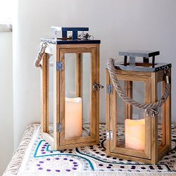 Lanterna in legno con candela LED a pile e manico...